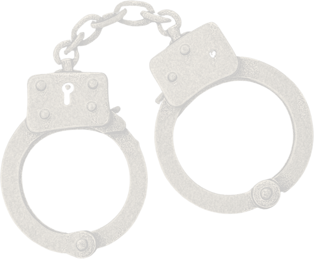 Light, faded illustration of metal handcuffs connected by a short chain.