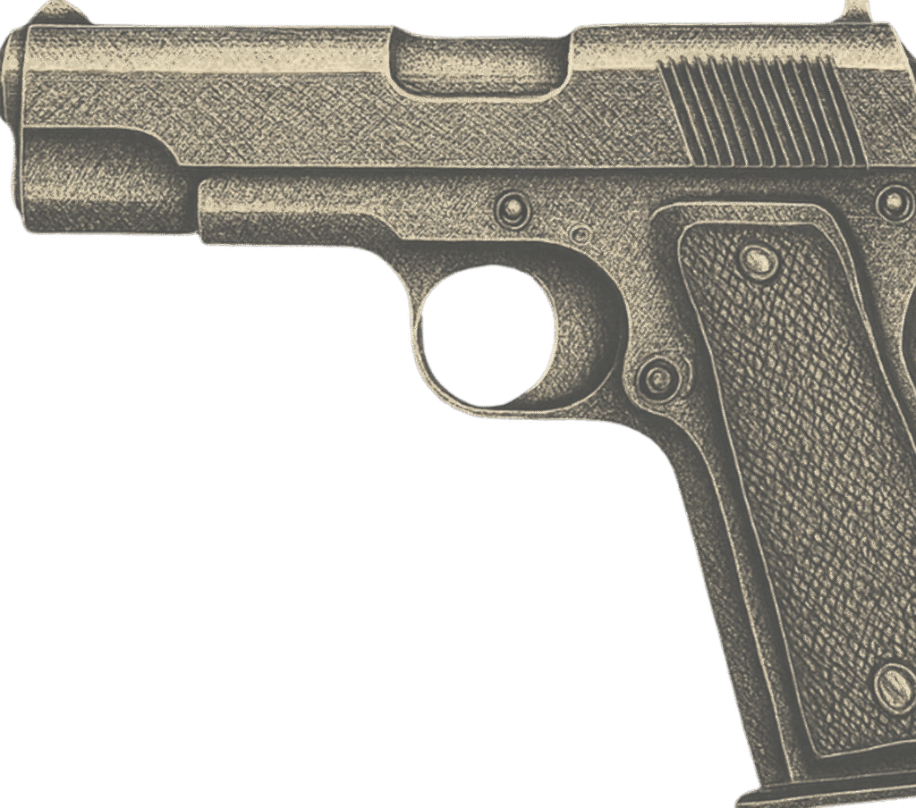 Vintage-style engraved illustration of a handgun, shown close-up with detailed etching.